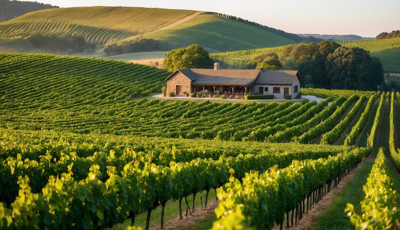 Rolling hills of vineyards, with rows of grapevines stretching into the distance. A rustic winery sits nestled among the lush greenery, offering tastings and tours