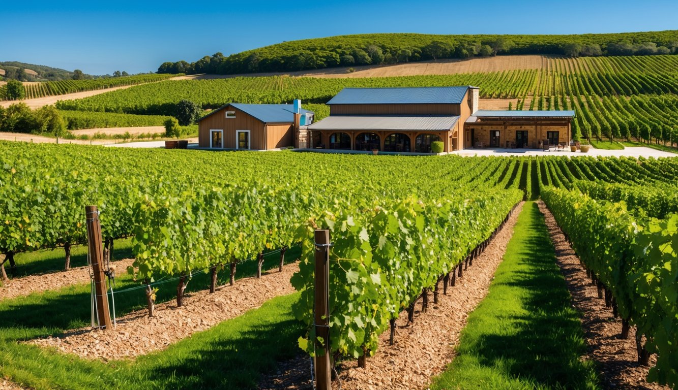 A sunny vineyard with rows of grapevines, a rustic winery building, and a distillery in the background. Surrounded by rolling hills and lush greenery