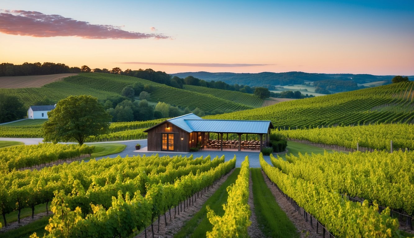 Lush vineyards with rolling hills and grapevines, a rustic tasting room, and a picturesque backdrop of the Maryland countryside