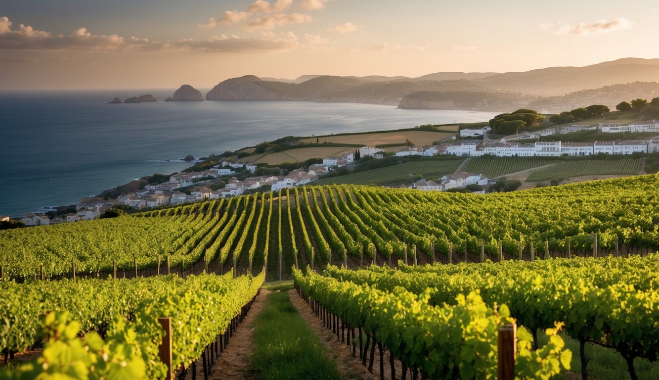 Lush vineyards sprawl across rolling hills, framed by a backdrop of rugged coastline and quaint seaside towns. A warm sun bathes the landscape, casting a golden glow over the rows of grapevines