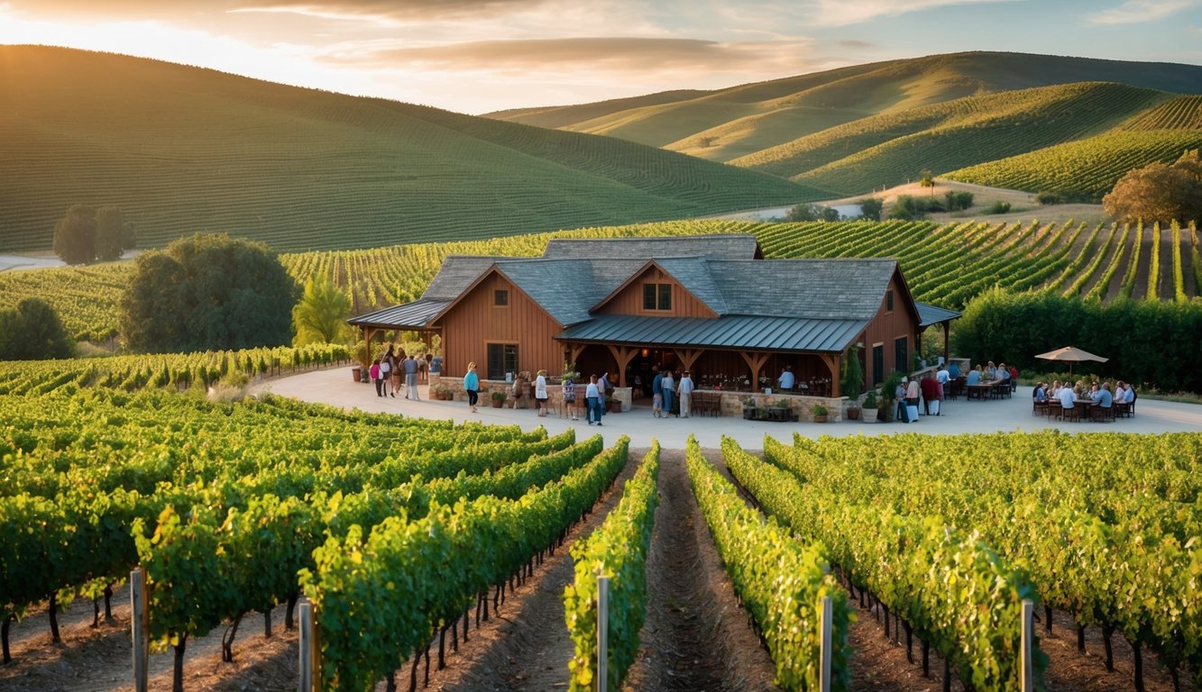 Rolling hills surround a rustic winery with rows of grapevines. A charming tasting room overlooks the vineyard, while guests enjoy a guided tour