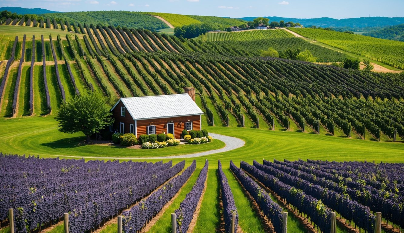 Rolling hills of Maryland vineyards, with rows of grapevines stretching into the distance. A rustic winery sits nestled among the lush greenery, offering tours and tastings to visitors