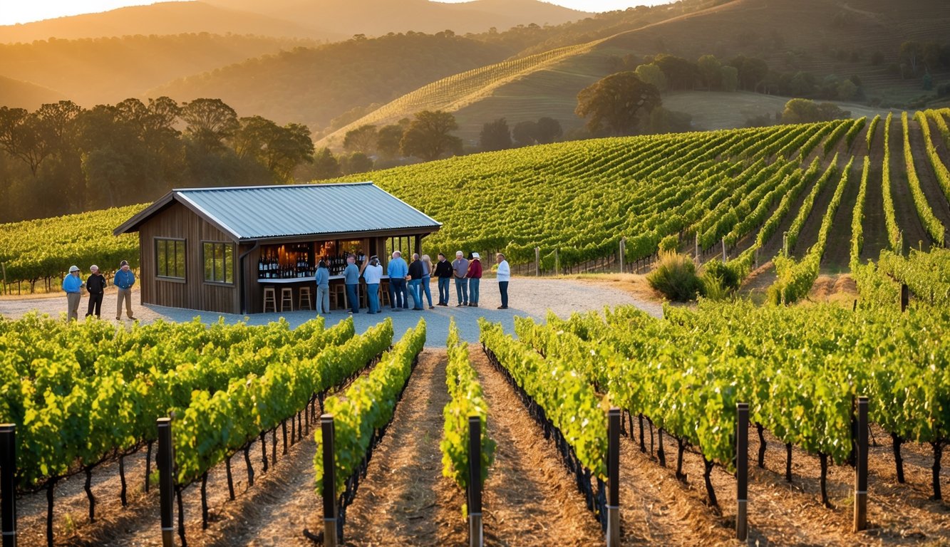 A vineyard nestled in rolling hills, with rows of grapevines and a rustic tasting room. A guide leads a group on a tour, showcasing unique winemaking practices