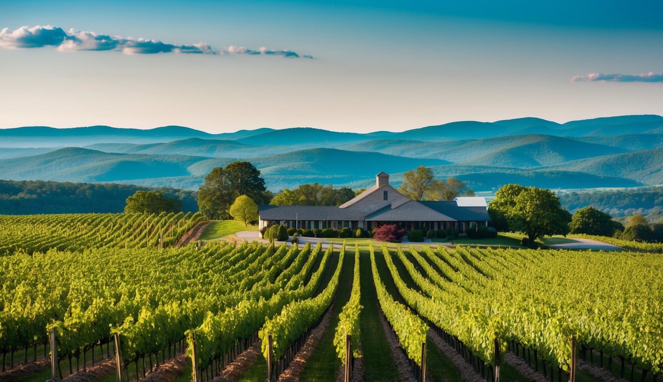 Rolling hills of vineyards in Maryland, with rows of grapevines stretching into the distance. A rustic winery sits nestled among the greenery, with a backdrop of mountains and blue skies