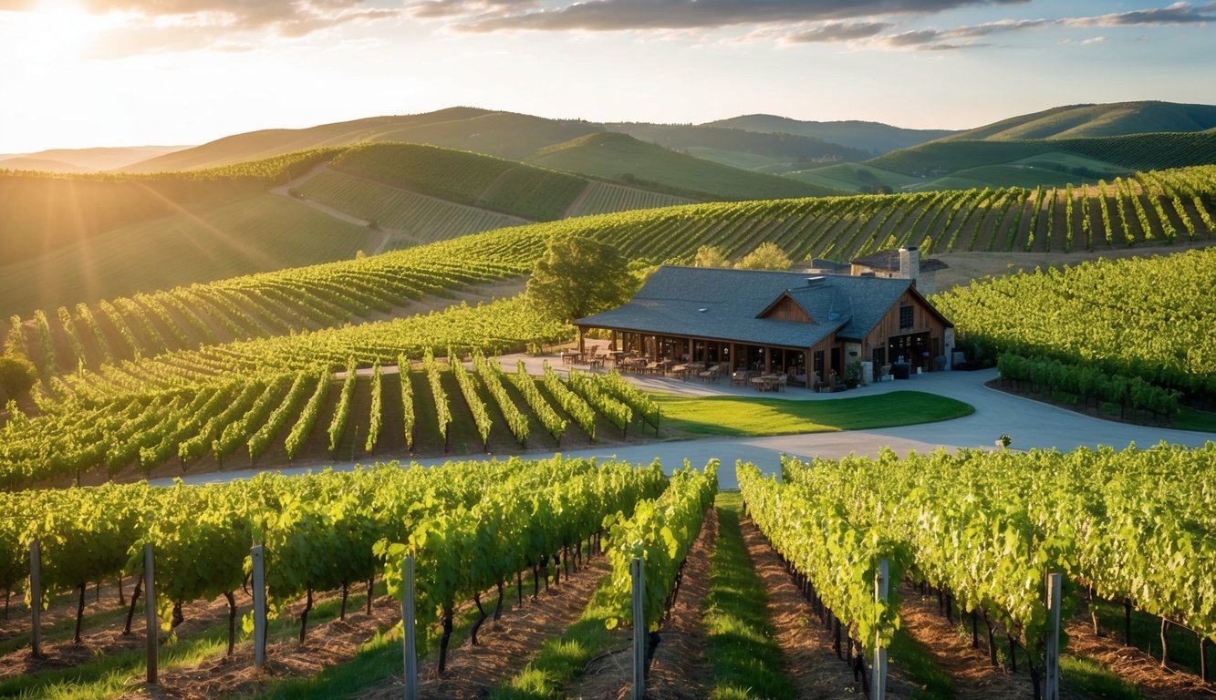 Lush vineyards sprawl across rolling hills, sunlight filtering through the leaves. A rustic winery sits nestled among the vines, with a tasting room beckoning visitors