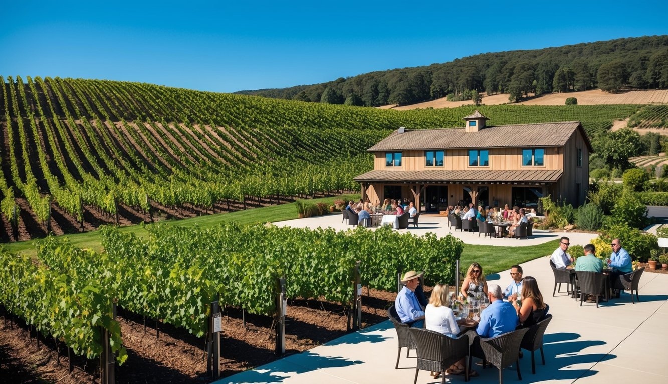 Rolling vineyard hills with rows of grapevines under a bright blue sky, a rustic winery nestled among the greenery, and a group of people enjoying a wine tasting on a sunny patio