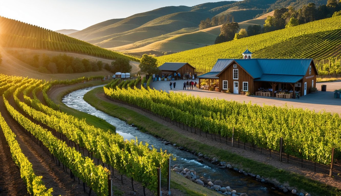 Rolling vineyard hills overlook rustic winery buildings and a meandering creek, while visitors enjoy guided tours and tastings