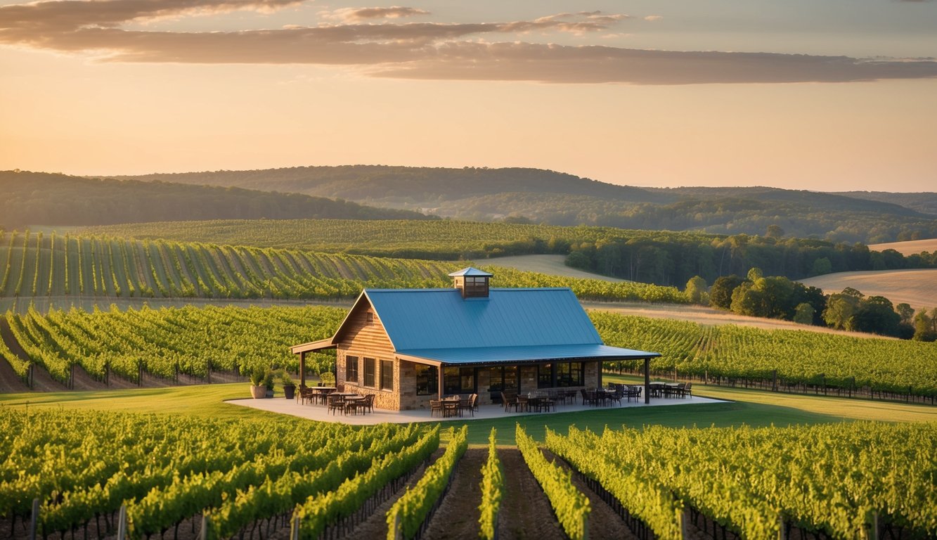 A scenic vineyard overlooks rolling hills in Mississippi, with rows of grapevines stretching into the distance. A rustic tasting room and outdoor patio invite visitors to sample local wines