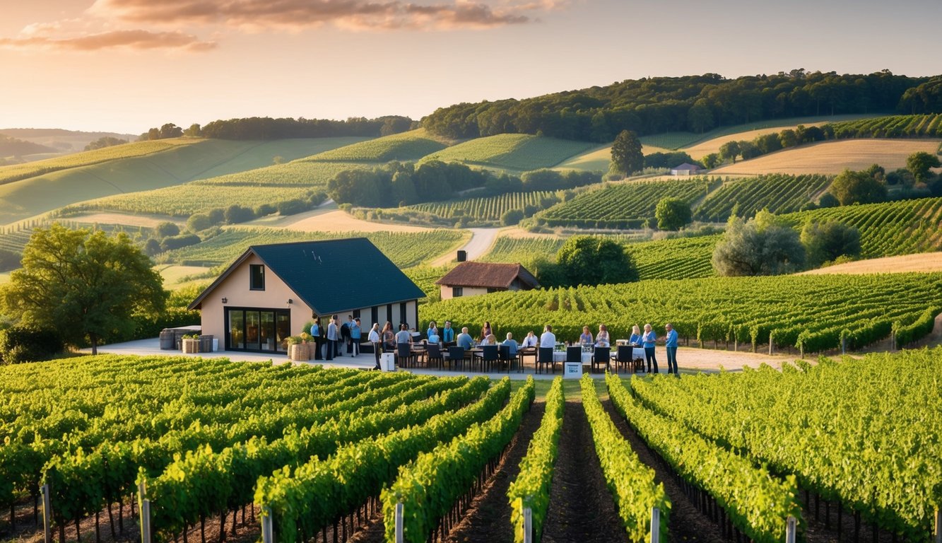 Rolling hills with lush vineyards, a cozy winery nestled in the countryside, and a group of tourists sampling wine on a sunny afternoon