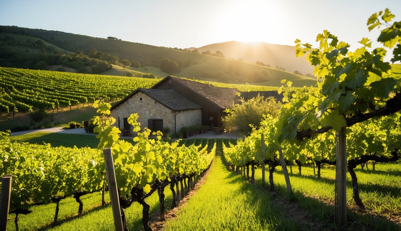 Lush vineyard with rolling hills, grapevines, and a rustic winery building in the background. Sunshine illuminates the scene, creating a warm and inviting atmosphere