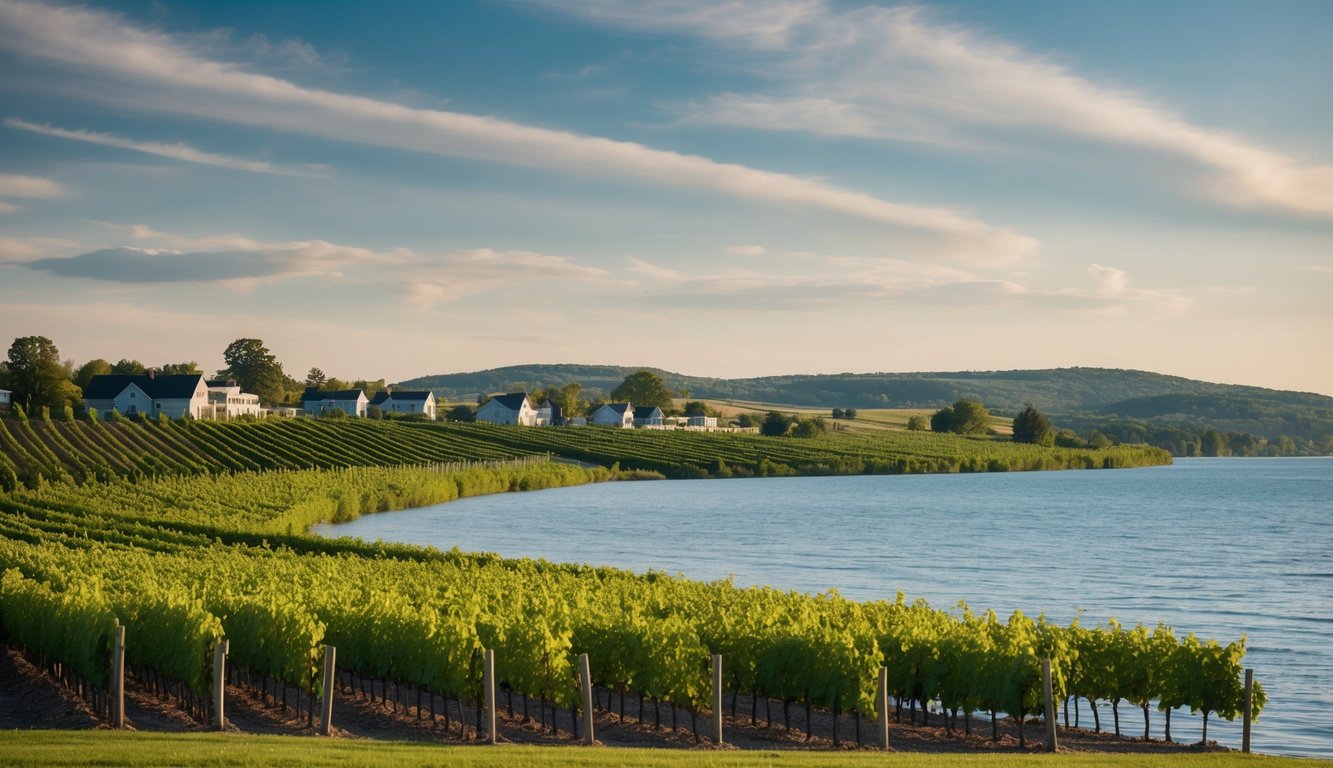 Vineyards and wineries line the picturesque Lake Michigan shore, with rolling hills and grapevines stretching towards the horizon