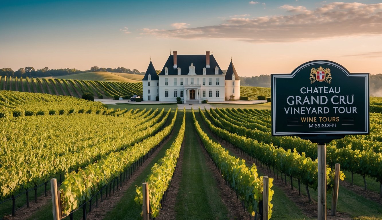 Rolling vineyard hills, rows of grapevines, and a grand chateau with a sign for "Chateau Grand Cru Vineyard Tour wine tours in Mississippi."