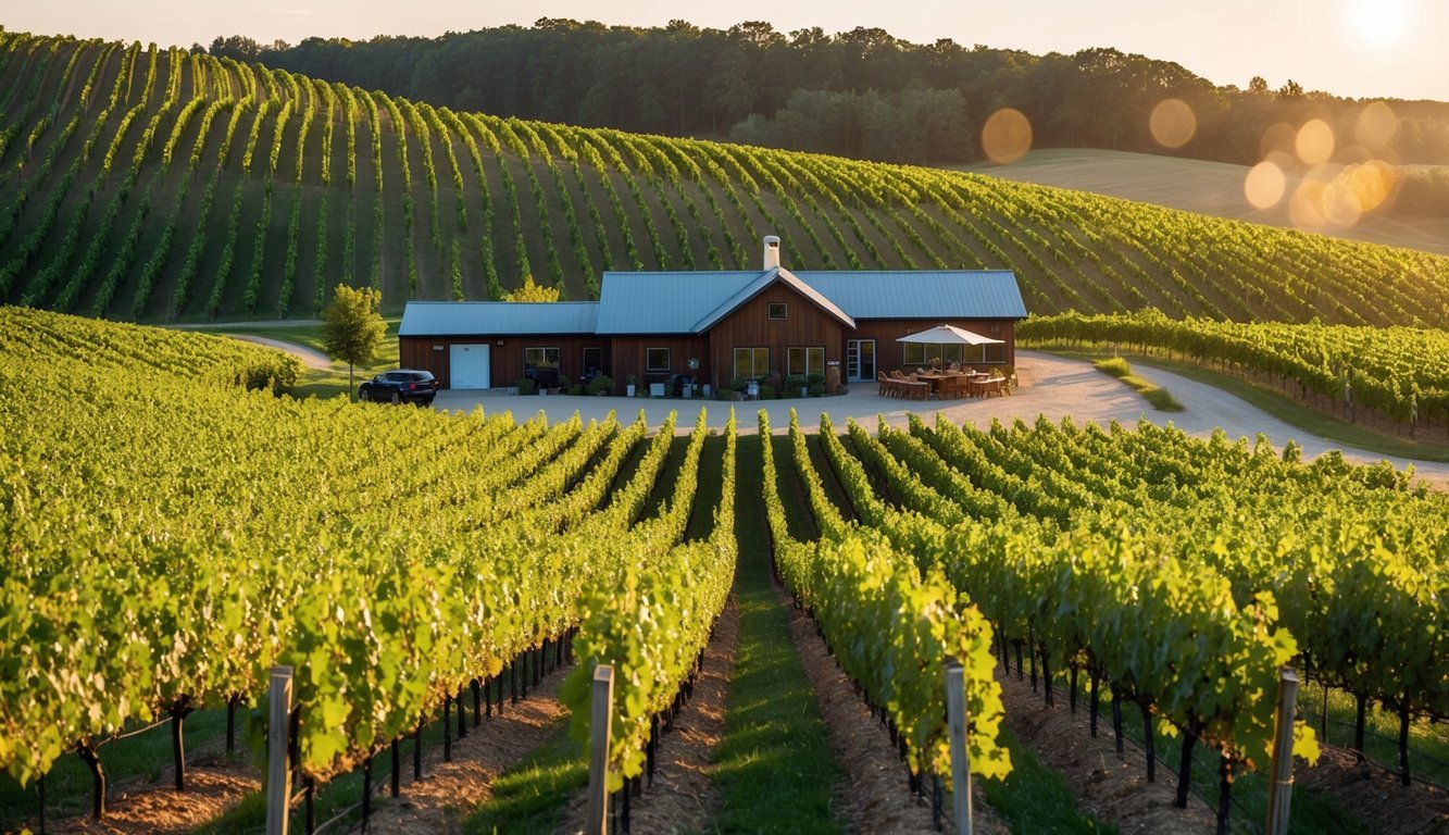 Rolling vineyard hills, dotted with rows of lush grapevines under the warm Michigan sun. A rustic winery nestled among the vines, offering tours and tastings to visitors