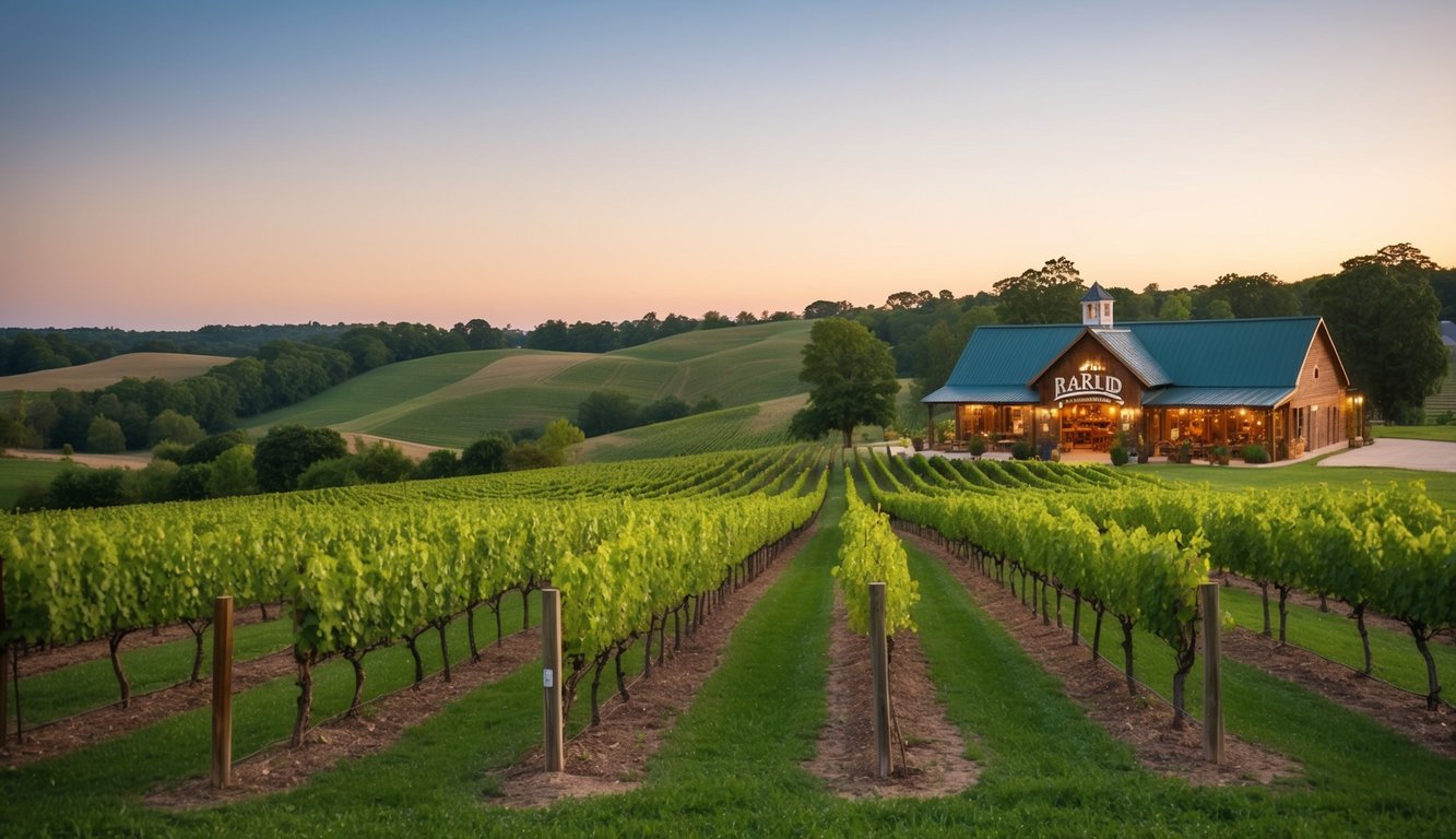 A rustic vineyard with rolling hills, grapevines, and a charming tasting room nestled among the lush greenery in Natchez, Mississippi