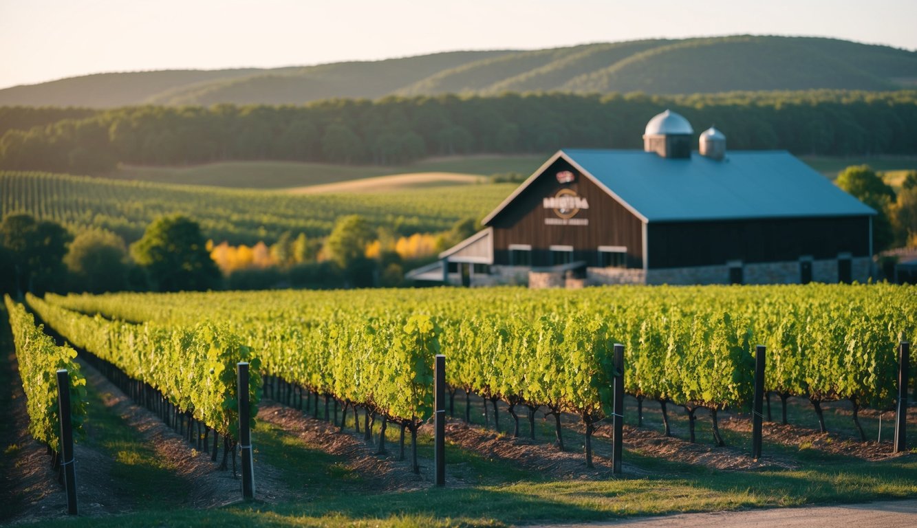 Vineyard in Minnesota with rows of grapevines, a rustic winery, and rolling hills in the background