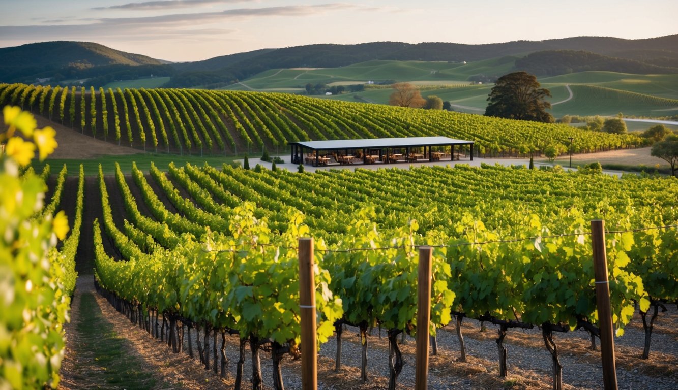 Vineyard landscape with rows of grapevines, rolling hills, and a tasting room in the distance