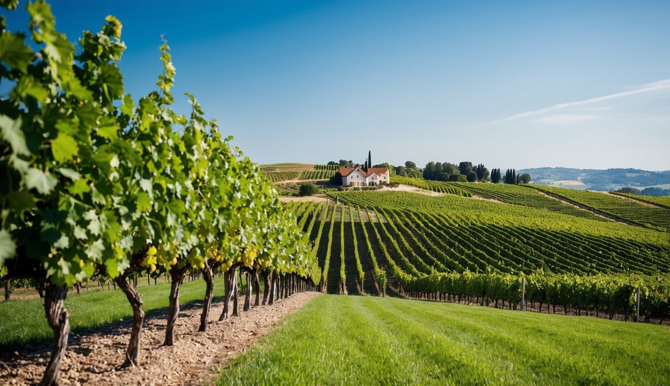 Rolling vineyard hills under a clear blue sky, with rows of grapevines stretching into the distance and a quaint winery nestled in the landscape