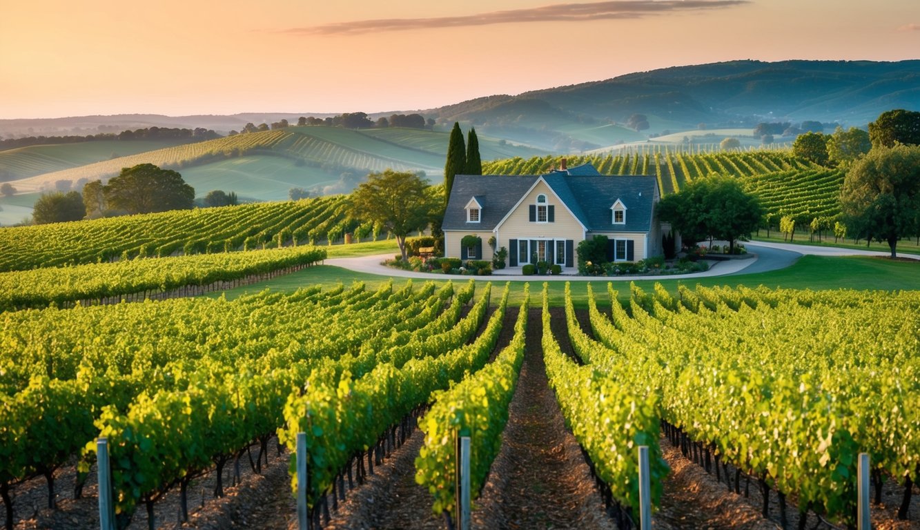 Lush vineyard landscape with rows of grapevines, rolling hills, and a charming winery building nestled in the countryside