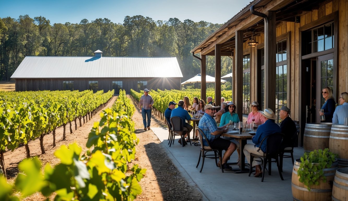 A sunny day at Lazy Magnolia Brewery & Winery, with rows of grapevines, a rustic tasting room, and visitors enjoying wine tours in Mississippi