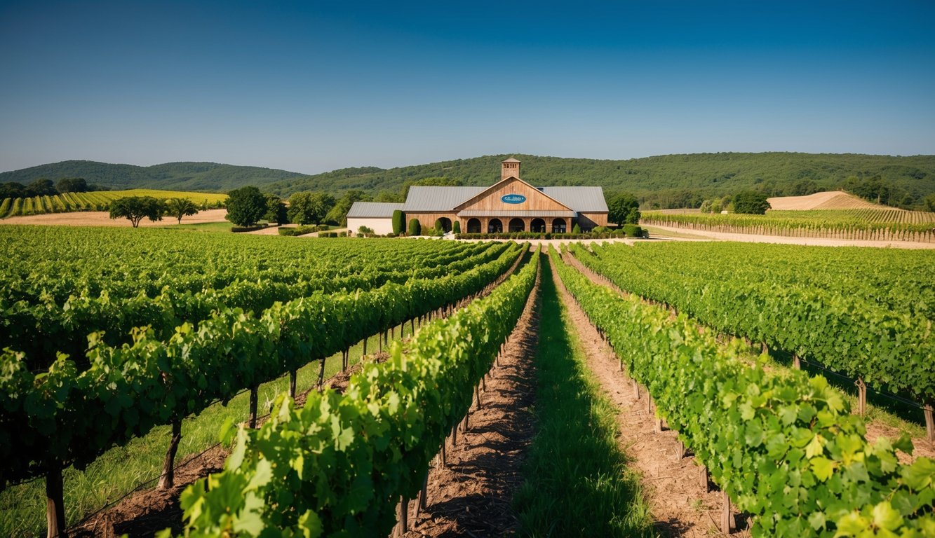 A lush vineyard in Mississippi, with rows of grapevines stretching into the distance. A rustic winery stands in the background, surrounded by rolling hills and a clear blue sky