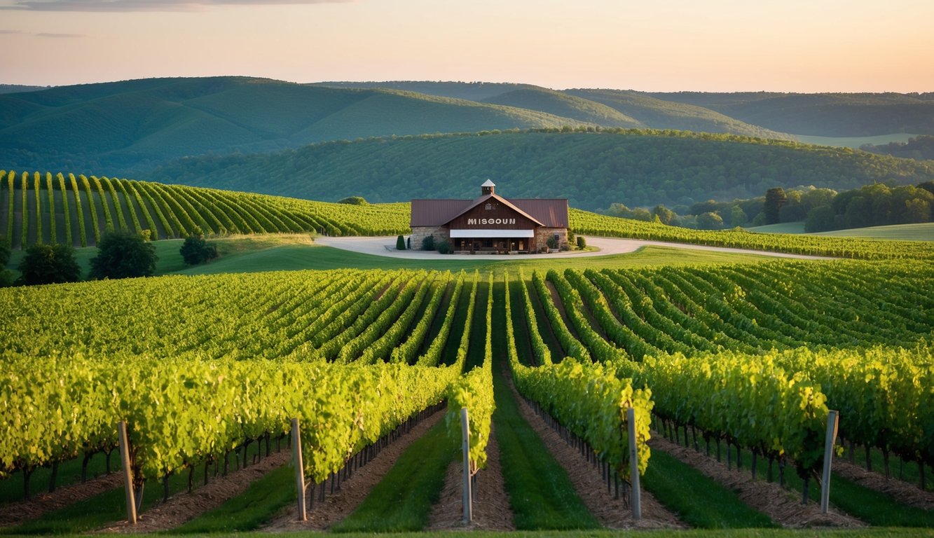 Rolling hills of vineyards in Missouri, with rows of grapevines stretching into the distance. A rustic winery stands at the center, surrounded by lush greenery