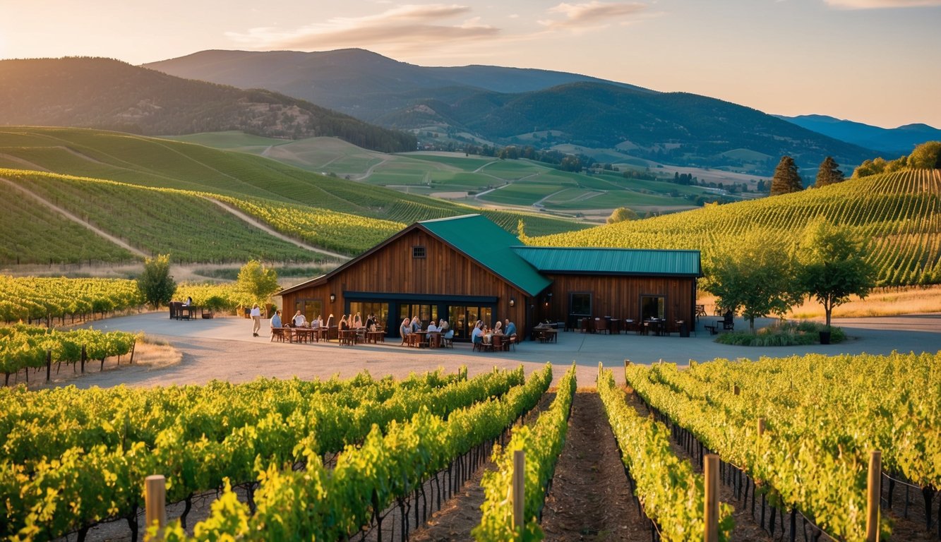 Rolling hills, vineyards, and a rustic winery nestled in the Montana countryside. A group of people enjoy wine tasting in the warm afternoon sun