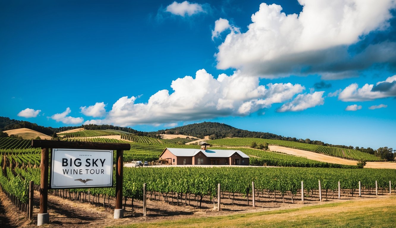 Rolling hills, vineyards, and a bright blue sky with fluffy white clouds. A rustic winery with a large sign reading "Big Sky Wine Tour."