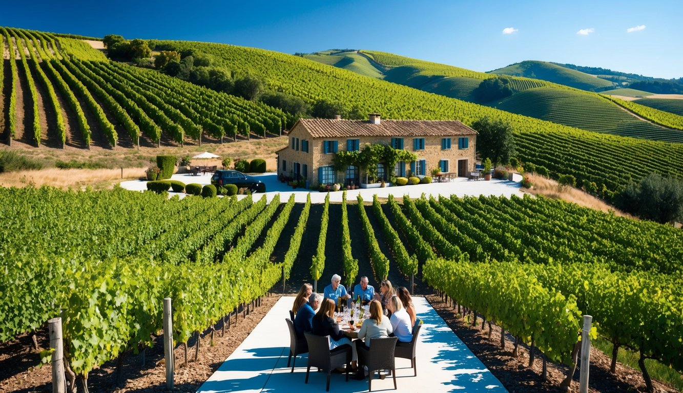 Rolling hills of vineyards under a clear blue sky, with a rustic winery nestled among the grapevines. A group of visitors enjoys a wine tasting on a sunny terrace