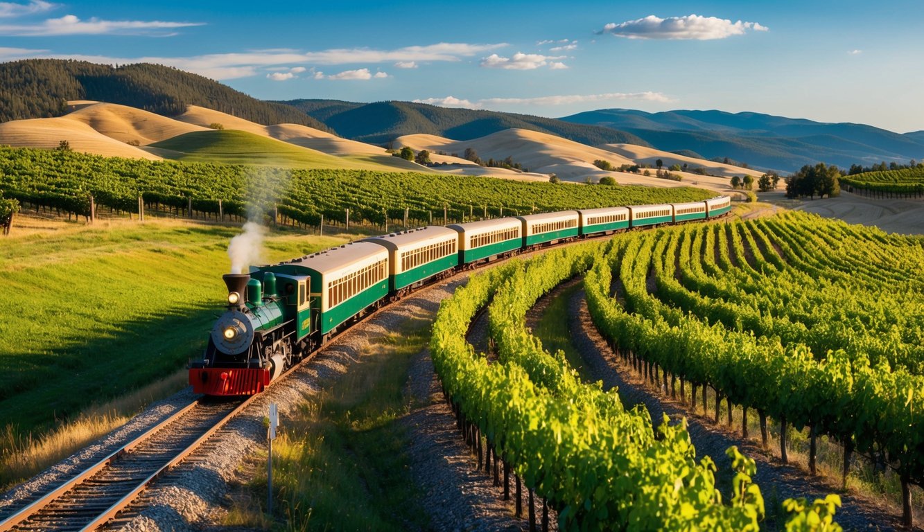 Rolling hills, vineyards, and a vintage train winding through Montana's scenic countryside on the Charlie Russell Chew Choo Wine Tour