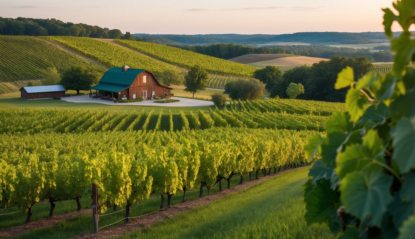 A serene vineyard with rolling hills, lush grapevines, and a rustic winery nestled in the Missouri countryside