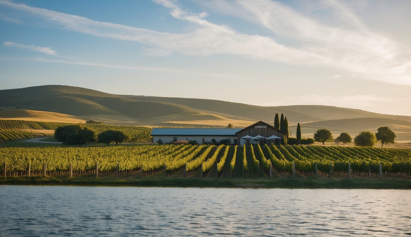 A serene lakeside setting with rows of grapevines, a rustic winery, and rolling hills in the background