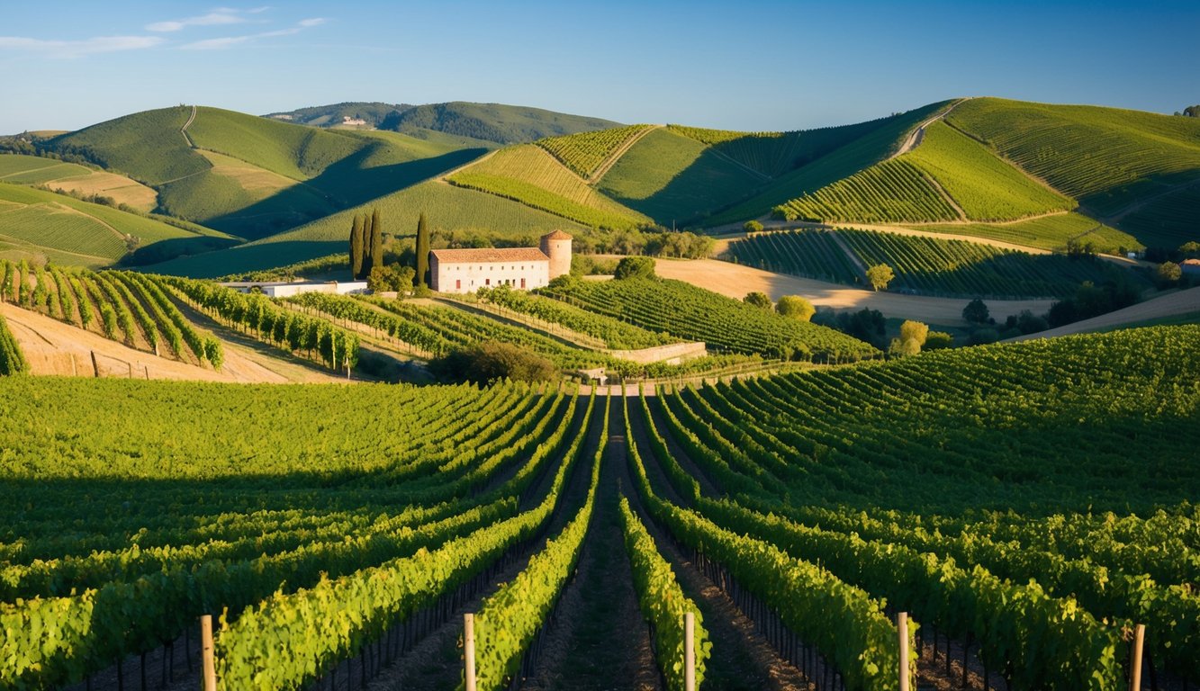Rolling hills of vineyards under a clear blue sky, with a rustic winery nestled in the valley