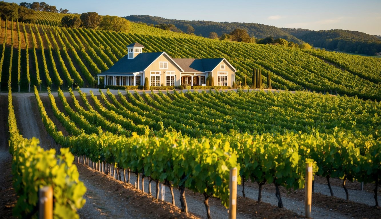 Rolling hills of vineyards, with rows of grapevines stretching into the distance. A quaint winery nestled among the lush greenery, offering tastings and tours