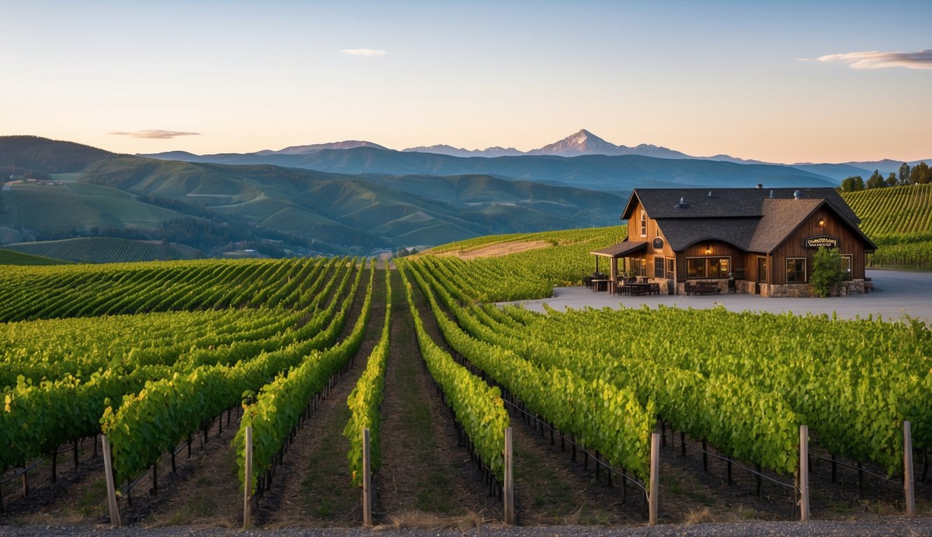 Rolling vineyard hills under a clear Montana sky, with rows of grapevines stretching into the distance. A rustic winery nestled among the greenery, offering tours and tastings to visitors