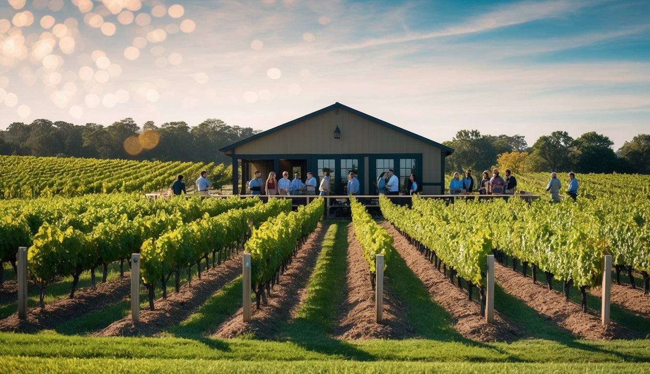 A vineyard with rows of grapevines, a tasting room, and tour groups exploring the winemaking process