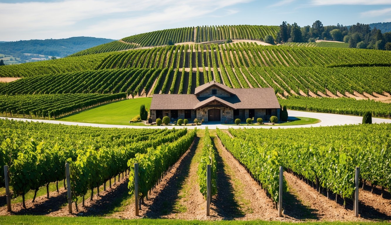 Rolling hills of lush vineyards, with rows of grapevines stretching into the distance. A rustic winery building sits at the center, surrounded by scenic countryside