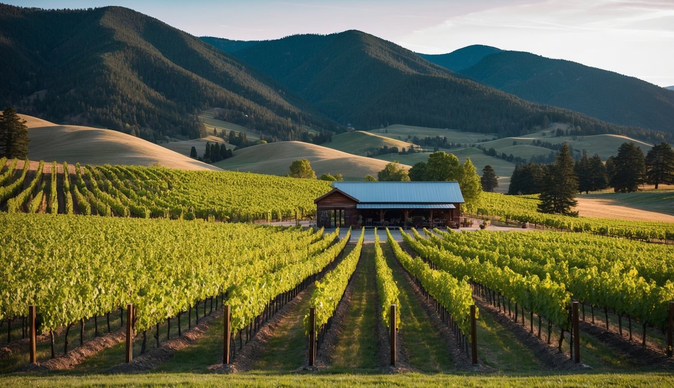 Vineyard with rolling hills, rows of grapevines, and a rustic tasting room nestled in the mountains of Montana