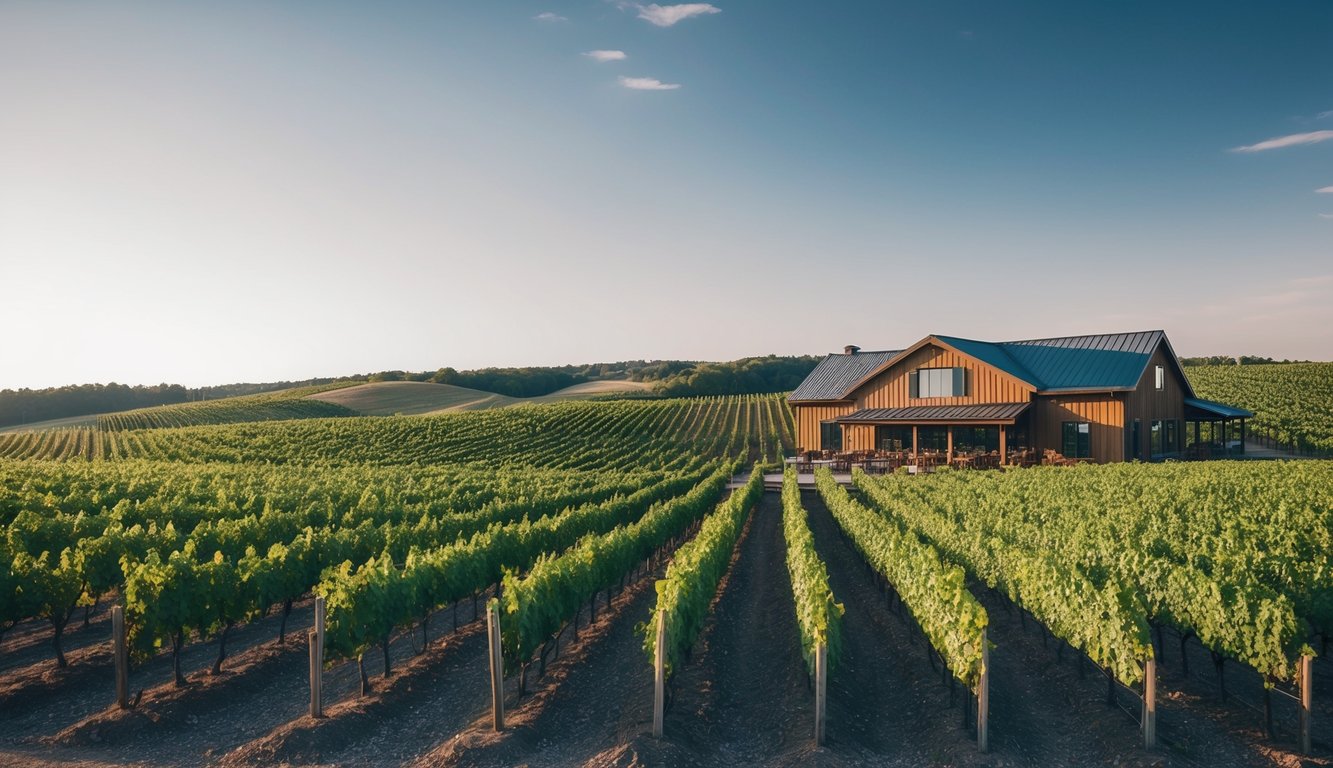 Rolling vineyards under a clear sky, with rows of grapevines stretching into the distance. A rustic winery with a welcoming tasting room and outdoor seating area