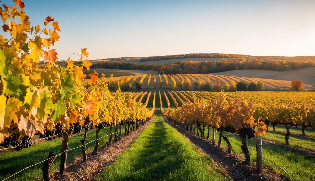 Vineyards in Nebraska during autumn with colorful leaves and rolling hills. A sunny day with clear skies and grapevines ready for harvest