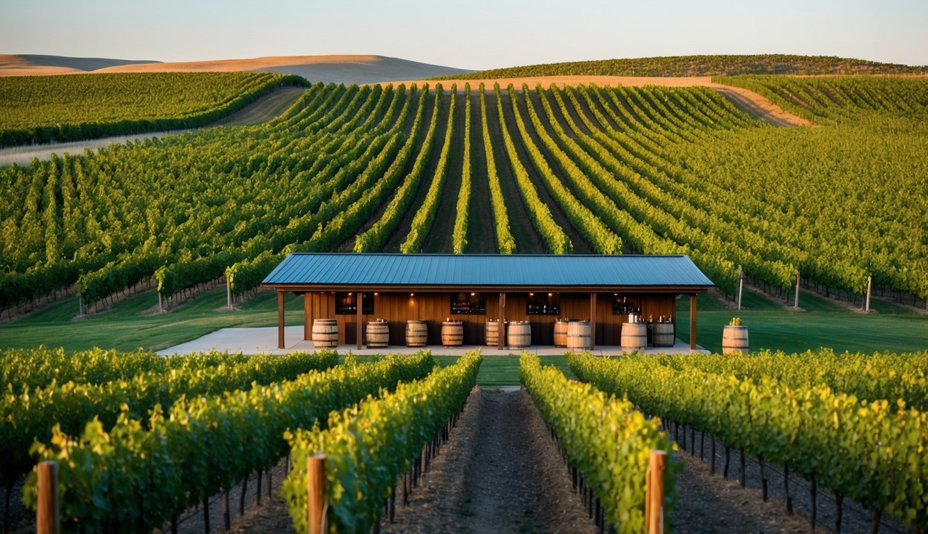 A vineyard in Nebraska, with rolling hills and rows of grapevines stretching into the distance. A rustic tasting room with barrels and bottles of wine