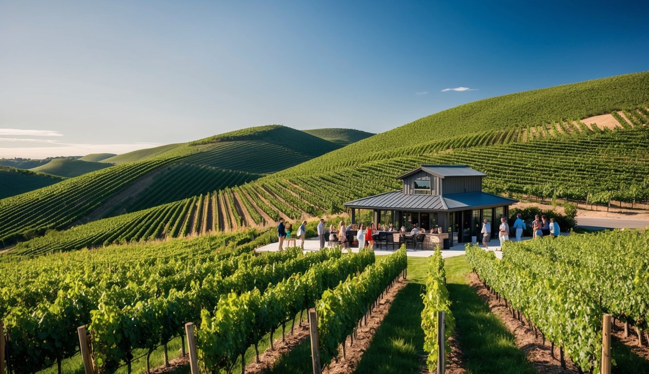 Rolling hills of vineyards under a clear blue sky, with a cozy tasting room nestled among the grapevines. A group of visitors enjoys a leisurely wine tour