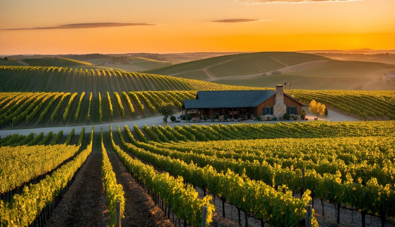 Rolling vineyard hills under a golden sunset, with rows of grapevines stretching into the distance. A rustic winery sits nestled among the vines, welcoming visitors for tours and tastings