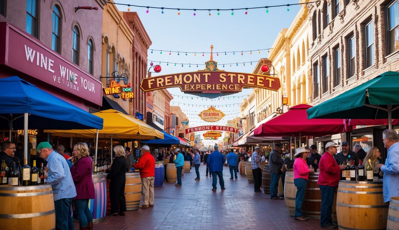 A bustling street with colorful wine tour vendors and lively entertainment in the heart of Nevada's Fremont Street Experience