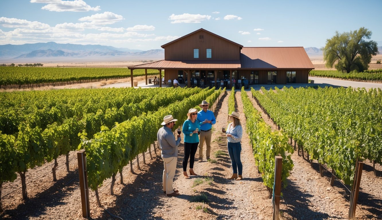 A sunny vineyard with rows of grapevines, a rustic winery building, and a tour group sampling wine in the scenic Pahrump Valley of Nevada