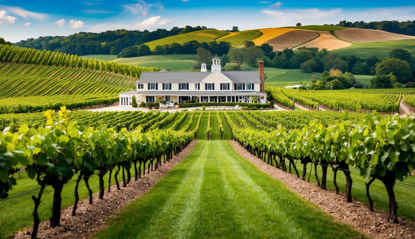 A picturesque vineyard in New Jersey with rolling hills, lush grapevines, and a charming tasting room