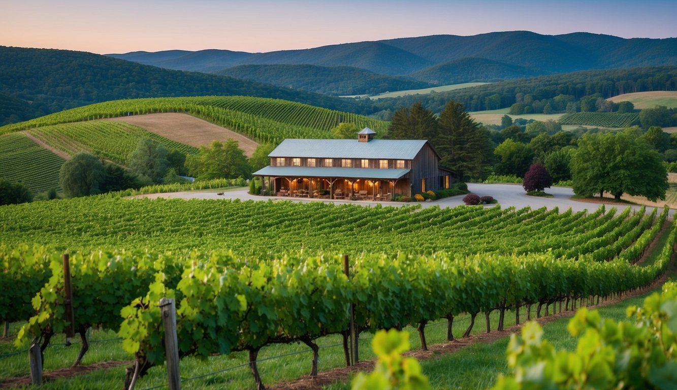 Lush vineyard with rolling hills, grapevines, and a rustic winery building nestled in the New Hampshire countryside