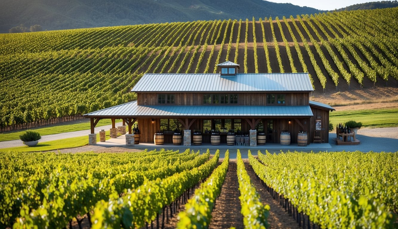 Rolling hills of vineyards with rows of grapevines, a rustic winery building, and a welcoming tasting room with wine barrels and bottles on display