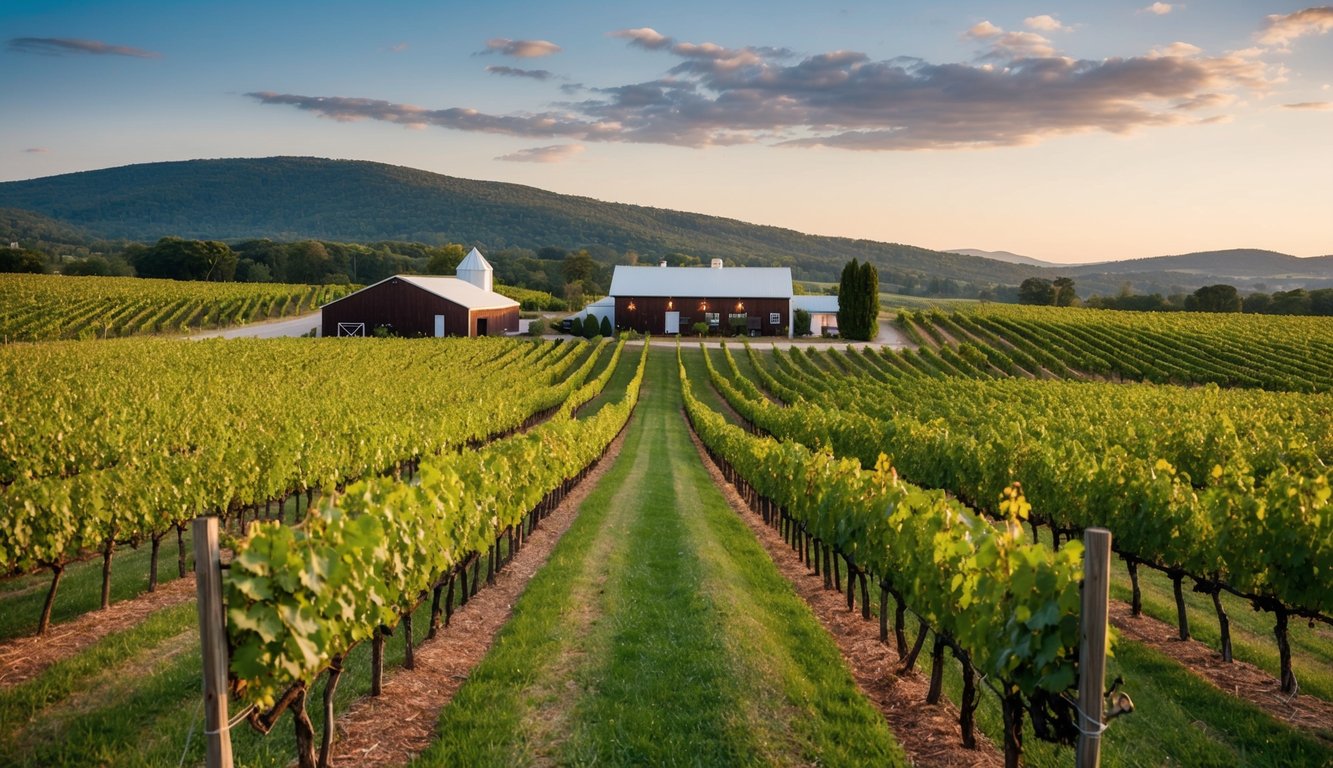 Vineyard in New Hampshire with rows of grapevines, a rustic winery, and rolling hills in the background