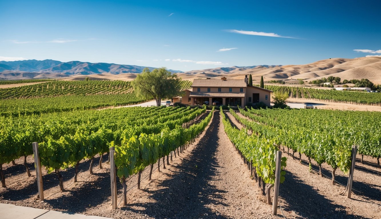 A scenic vineyard in Nevada, with rows of grapevines stretching across the landscape. A rustic winery sits nestled among the vines, surrounded by rolling hills and clear blue skies