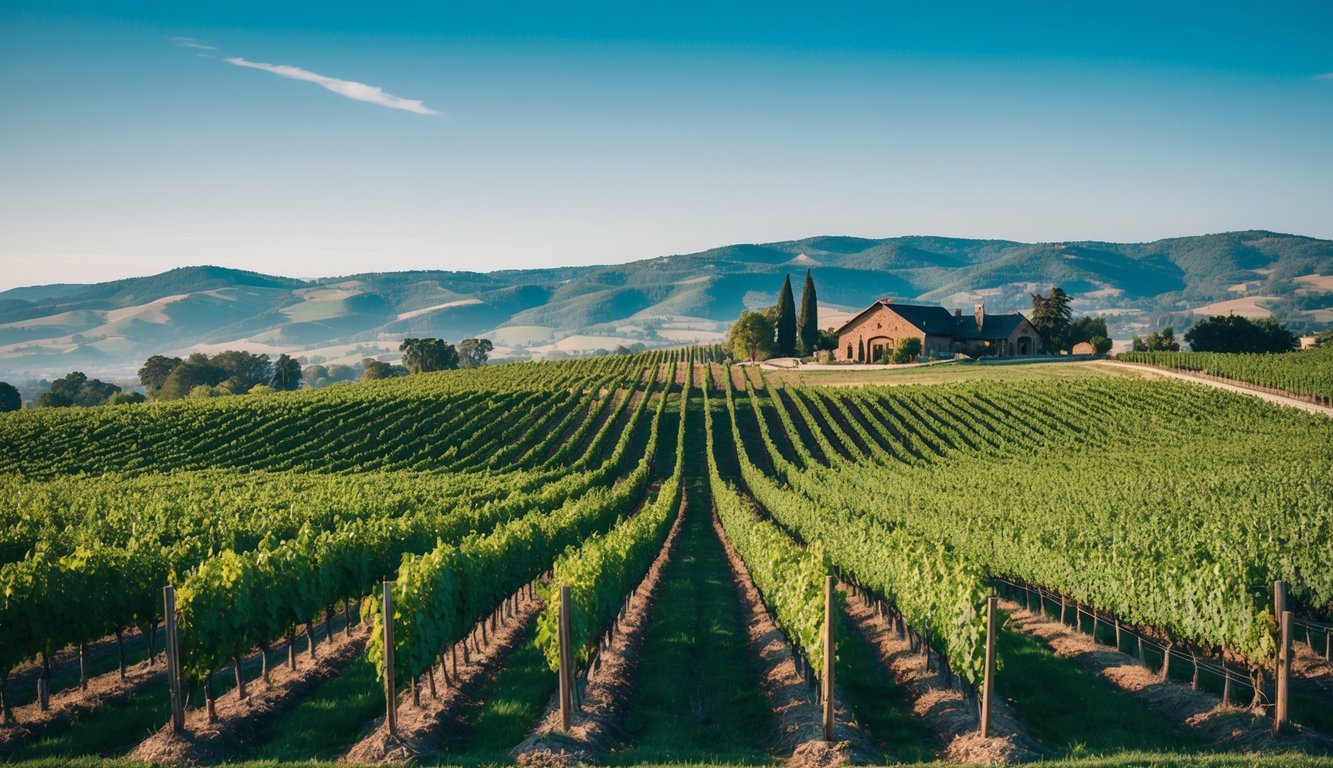 Rolling hills of vineyards under a clear blue sky, with rows of grapevines stretching into the distance and a rustic winery nestled in the landscape